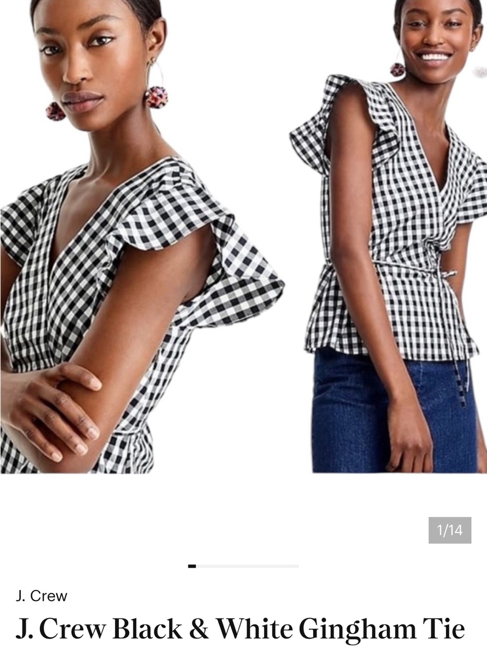 LOFT Black & White Gingham Tie-Front Flutter Sleeve Top